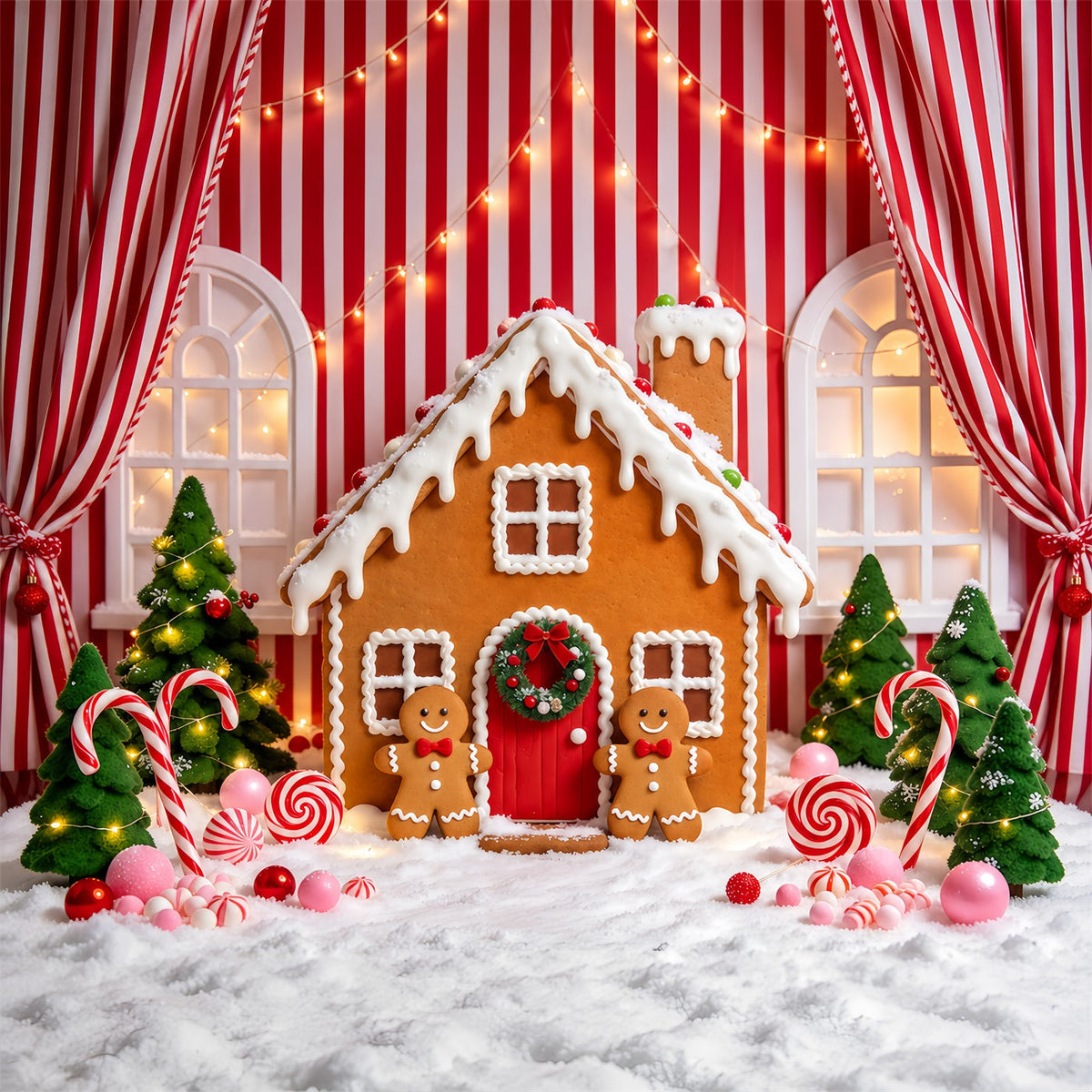 Lebkuchenhaus-Fotohintergrund Niedliches Zuckerstangen-Häuschen GQ610-91