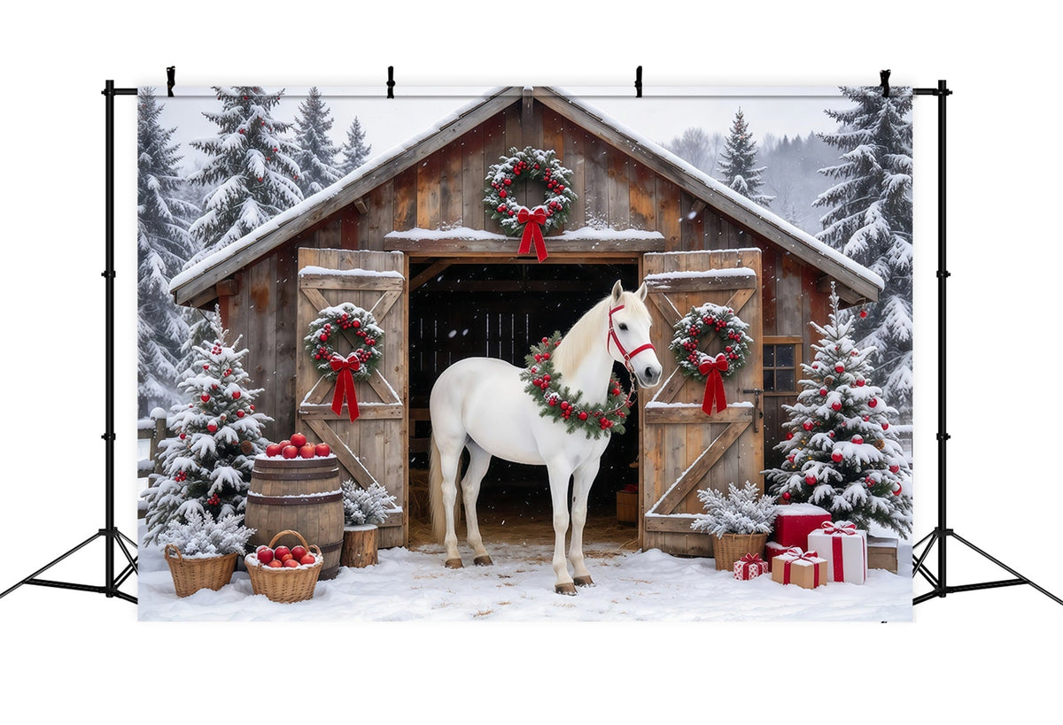 Western-Weihnachtshintergrund Weißes Pferd Rustikale Scheune GQ610-92