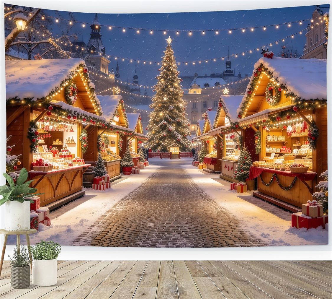 Weihnachtsstadt-Hintergrund Beleuchtete Alpine Marktstände GQ610-95
