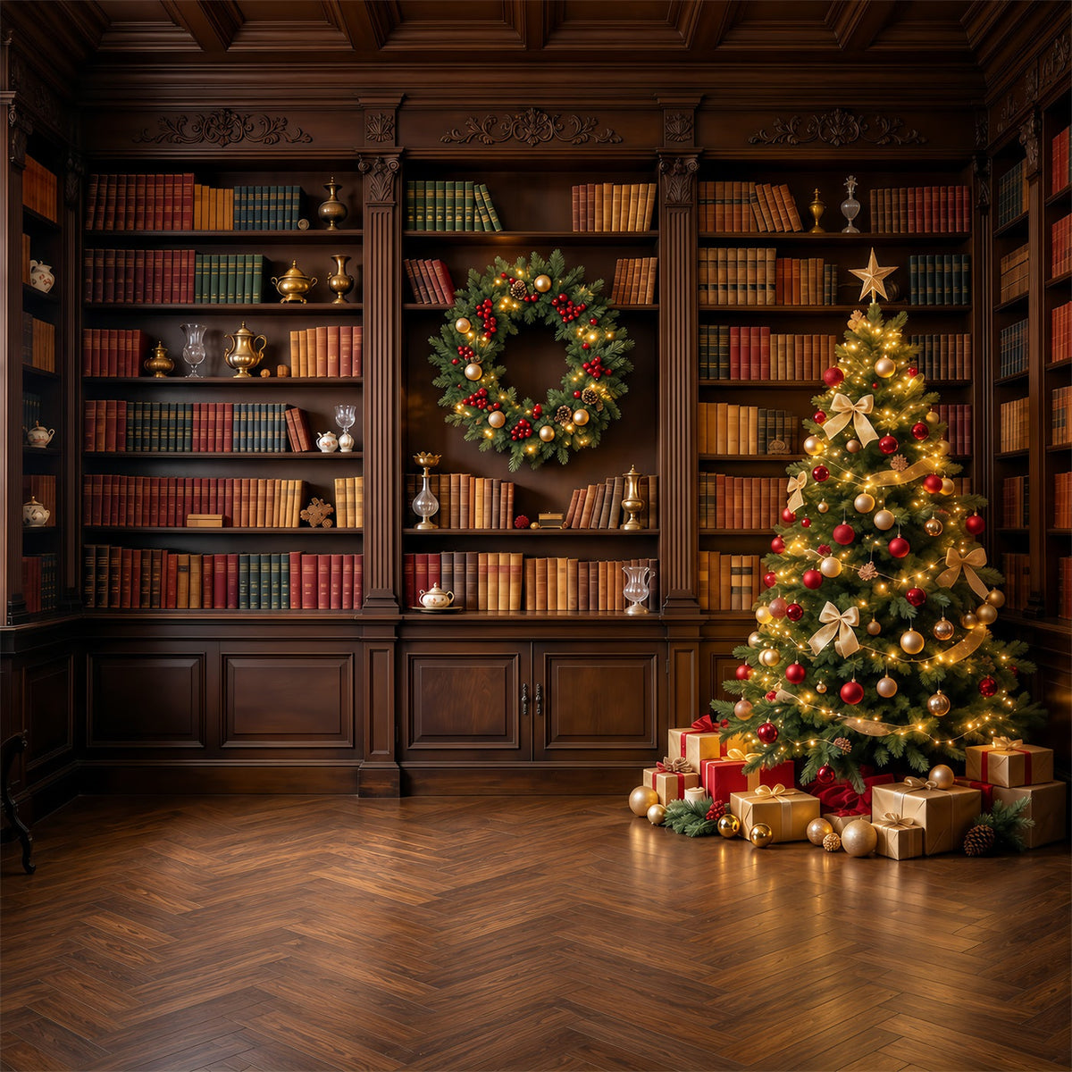 Viktorianischer Weihnachtshintergrund Klassische Bibliothek Weihnachtsbaum-Auslage GQ610-98