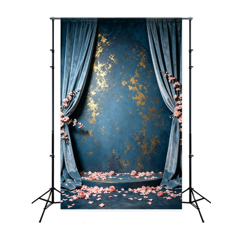 Blaue und goldene Hintergrundwand mit Samtflecken und Rosen, abstrakte Fotohintergründe GQ64-37