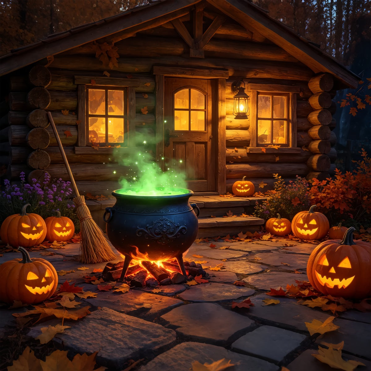 Hexenküchen-Hintergrundbanner Leuchtender Kessel Hüttenveranda Beste Halloween-Hintergründe GQ67-113