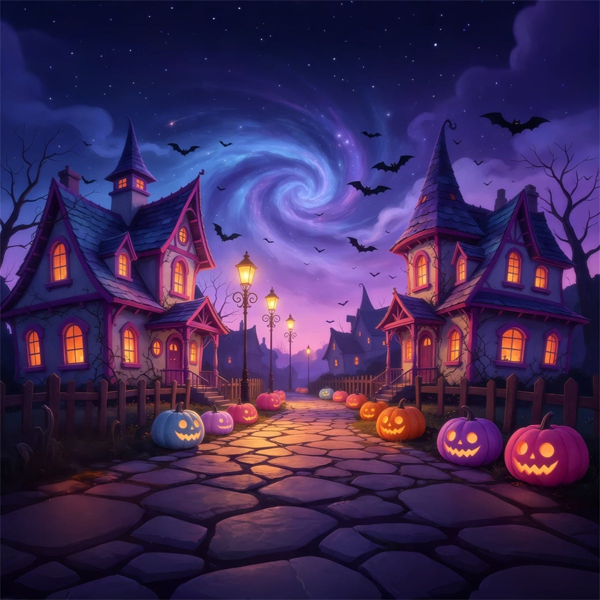 Gruselige Stadtkulisse Kürbisdorfweg In Der Dämmerung Große Halloween-Kulissen GQ67-83