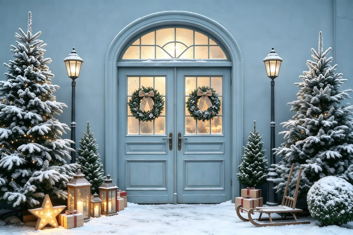 Blauer Weihnachtshintergrund Schneebedeckter Kieferneingang Weihnachts-Fotohintergründe GQ68-101