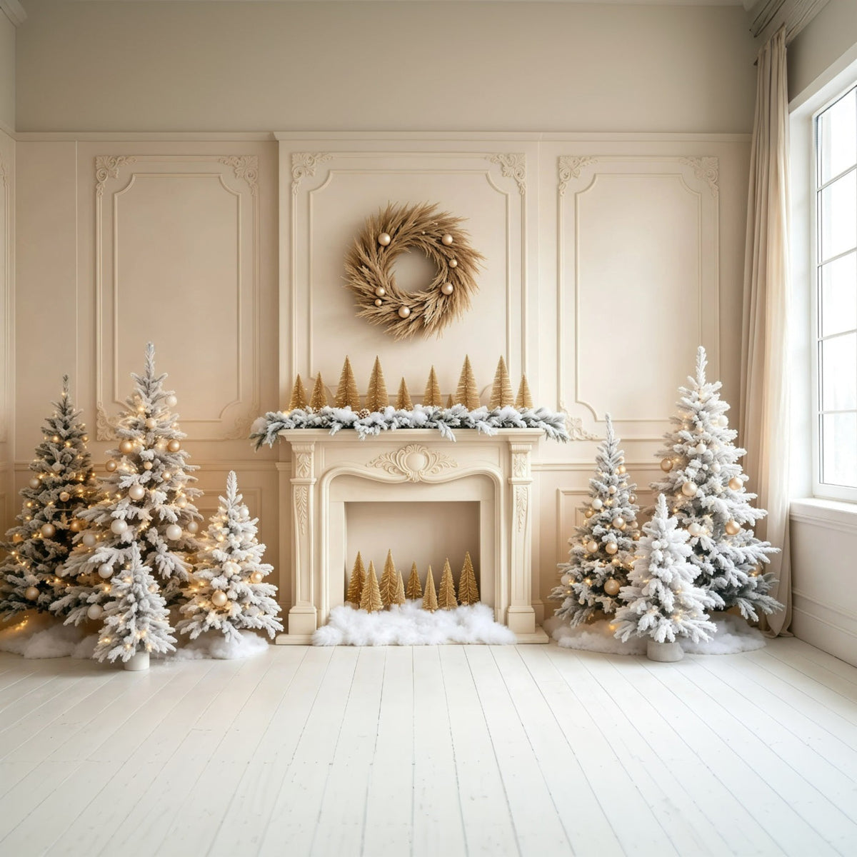 Weiße Weihnachtskulisse Kamin, Kiefern, Mauer Studio-Weihnachtskulisse GQ68-103
