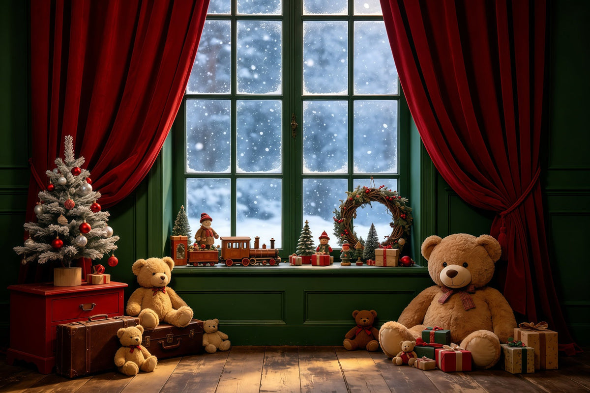 Weihnachtsfenster-Hintergrund Teddybär-Ecke Im Innenbereich Weihnachts-Musselin-Hintergrund GQ68-106