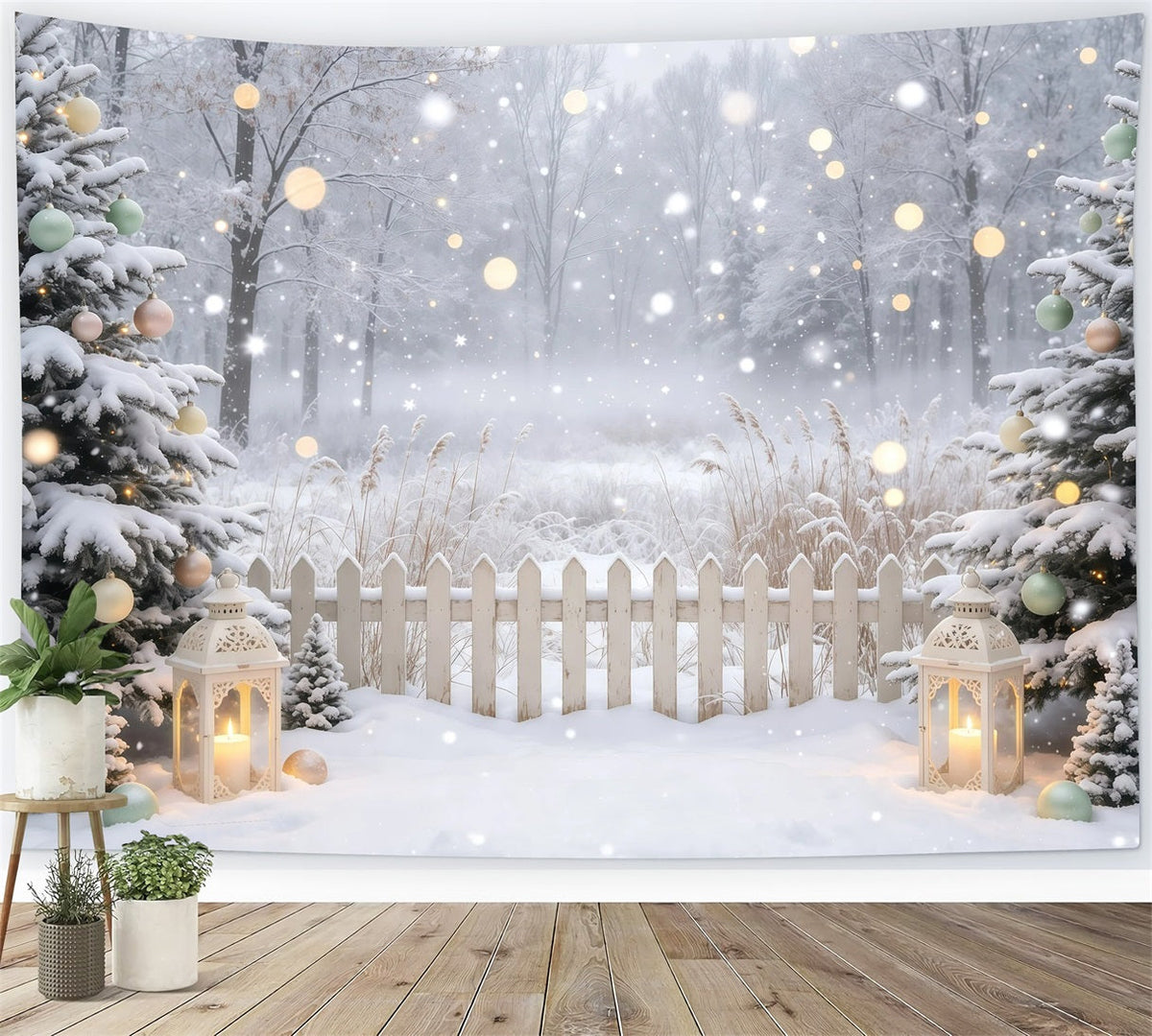Winterliche Weihnachtskulisse Laternen Im Verschneiten Wald Professionelle Weihnachtskulisse GQ68-109