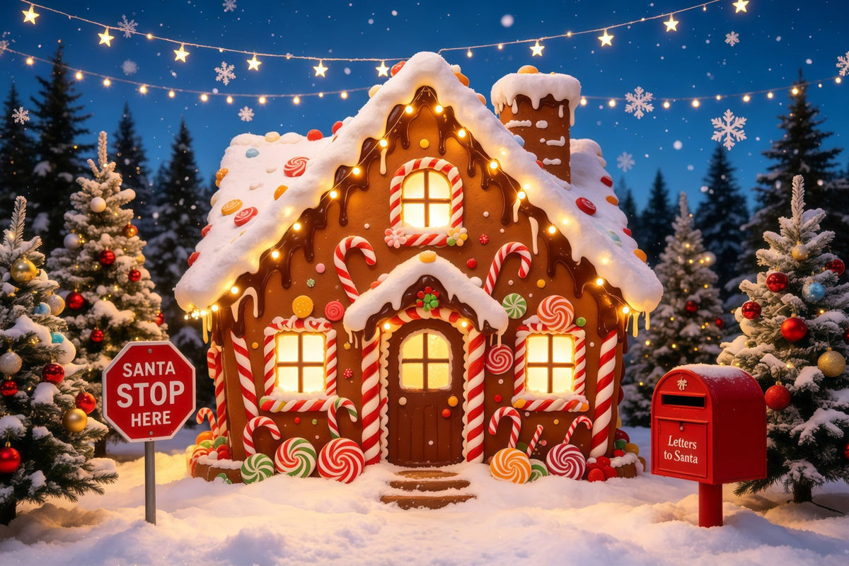 Lebkuchen-Weihnachtskulisse Candy Cottage Schneewald Weihnachts-Fotohintergründe GQ68-118