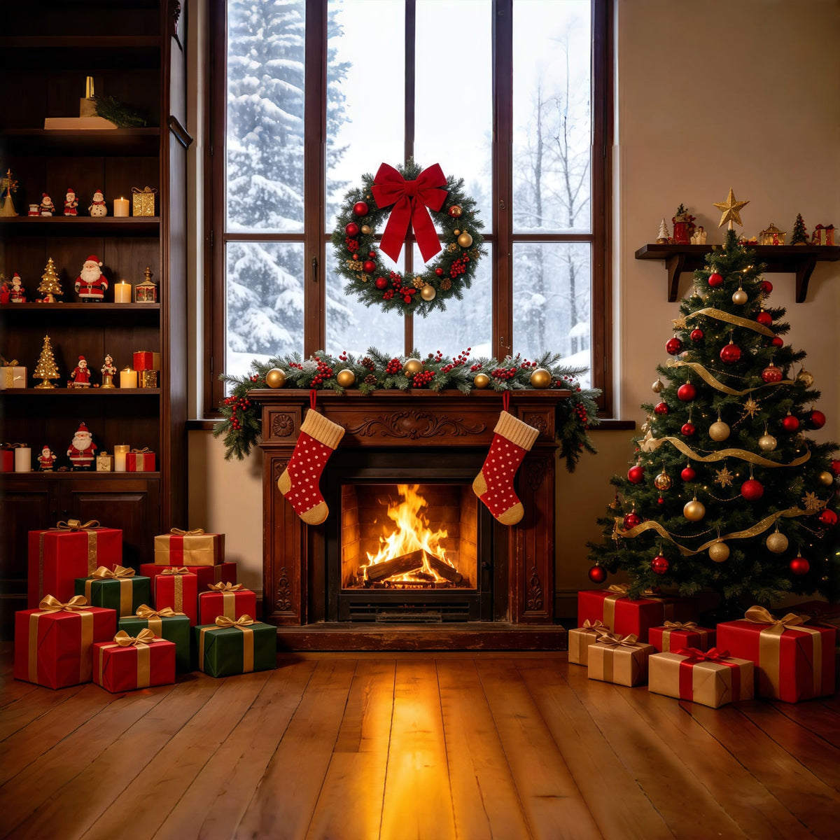 Weihnachtsfenster-Hintergrund Gemütlicher Kamin-Strumpfbaum Große Weihnachtskulissen GQ68-124