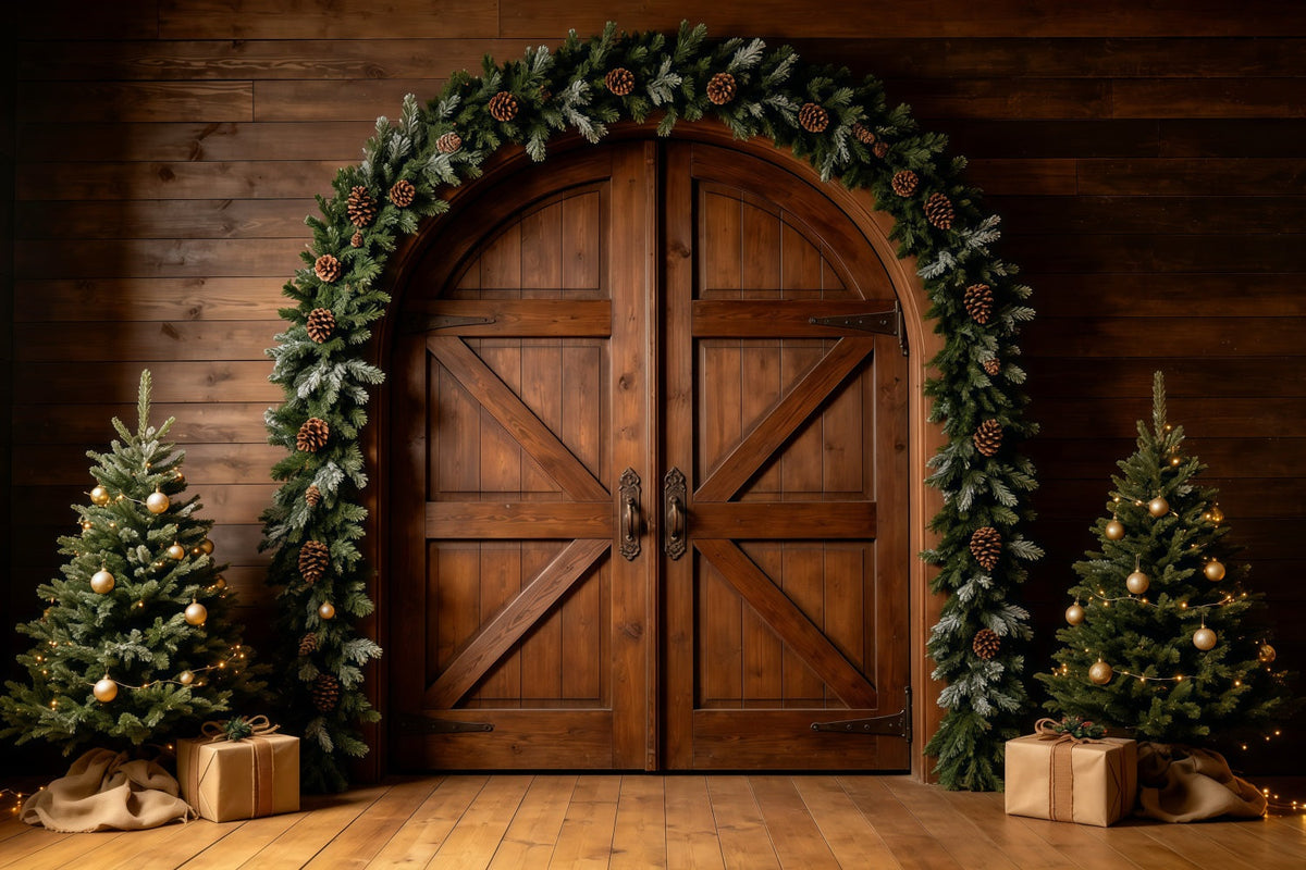 Weihnachts-Scheunentor-Hintergrund Rustikale Türgirlande Aus Holz Große Weihnachtskulisse GQ68-127