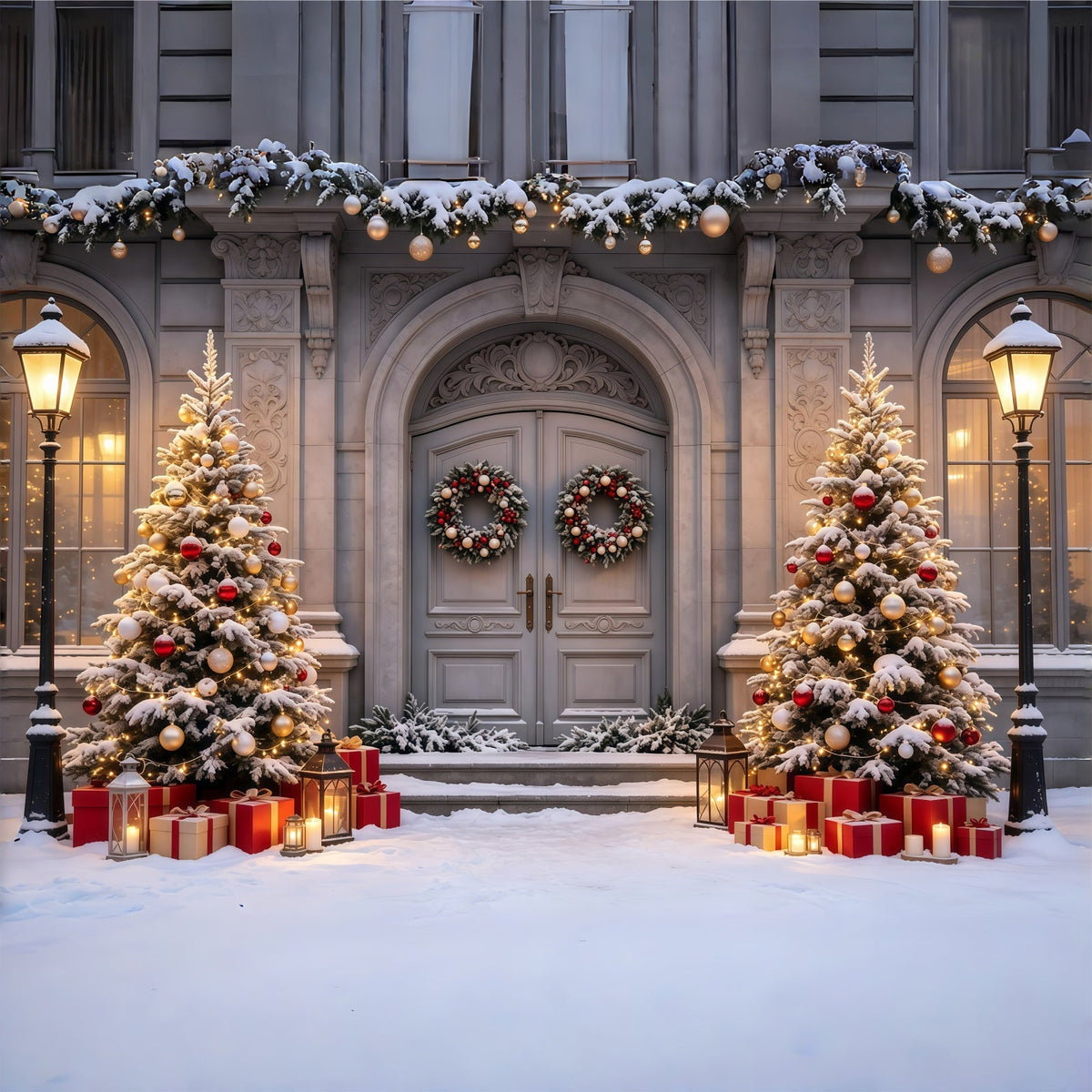 Weihnachtshaus-Kulisse Bäume Im Eingangsbereich Eines Herrenhauses Aus Verschneiten Weihnachtskulisse Für Den Innenbereich GQ68-61