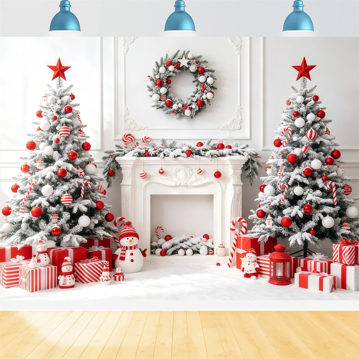 Weiße Weihnachtskulisse Kamin Mit Süßigkeitenbaum Weihnachtsfotohintergrund GQ68-63