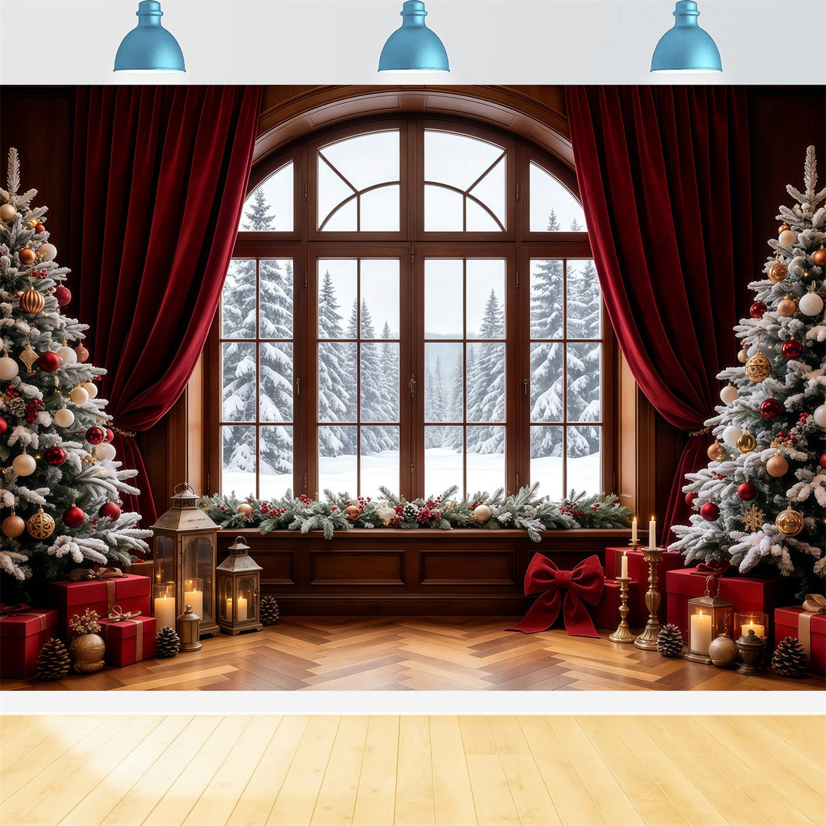 Weihnachtsfenster-Hintergrund Verschneiter Blick Auf Die Baumkronen Weihnachts-Fotohintergründe GQ68-64