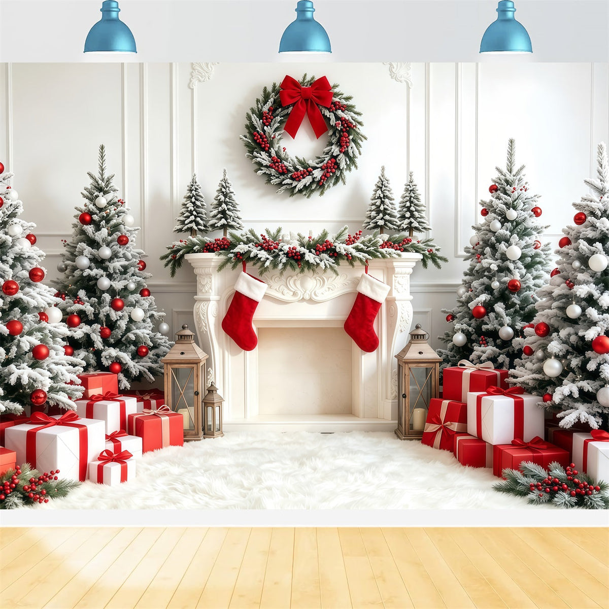Weihnachtsbaum-Hintergrund Weißer Roter Strumpf Kamin Studio-Weihnachtskulissen GQ68-67