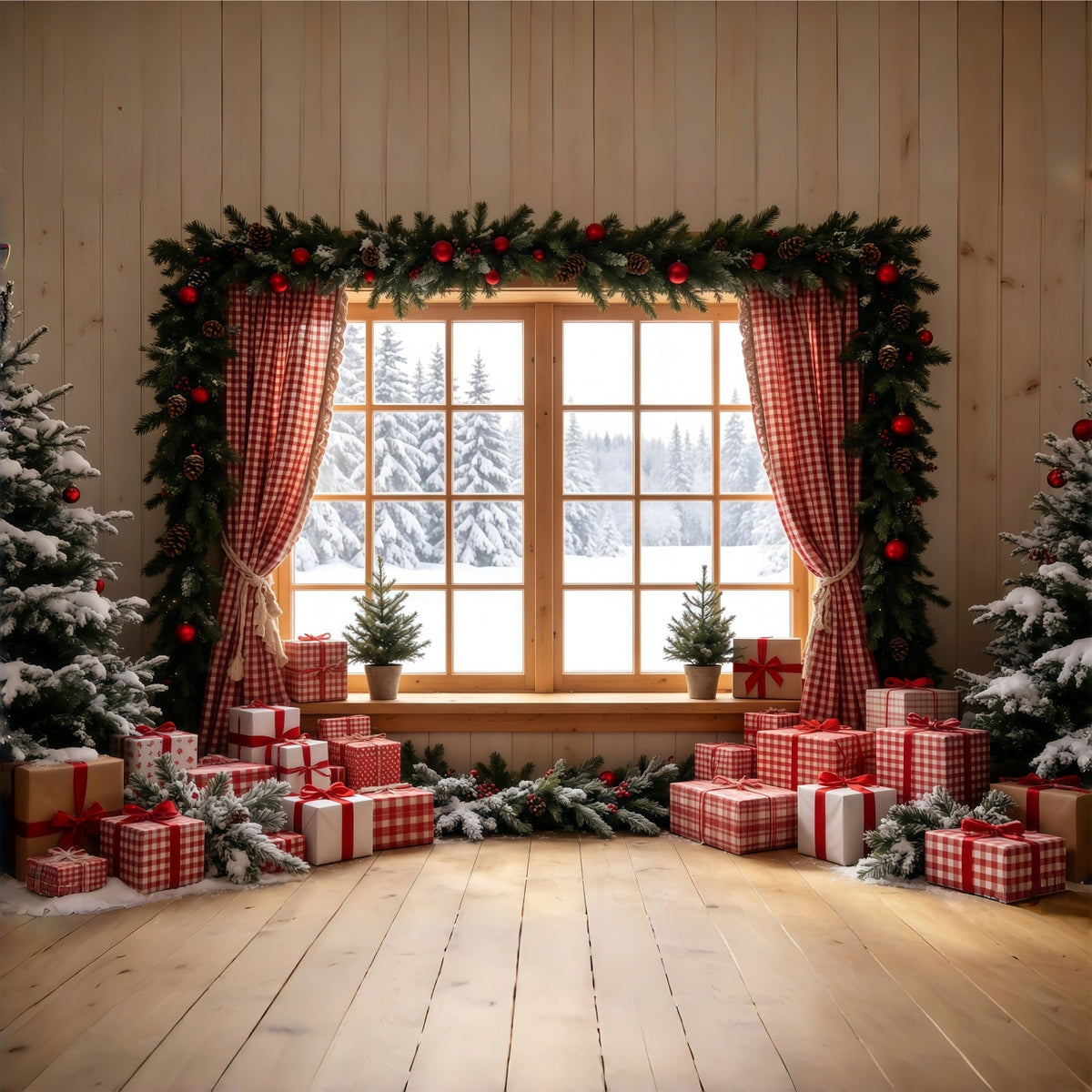 Rustikale Weihnachtskulisse Vichy-Schaufenster-Geschenkdisplay Weihnachtshintergründe Für Den Innenbereich GQ68-71
