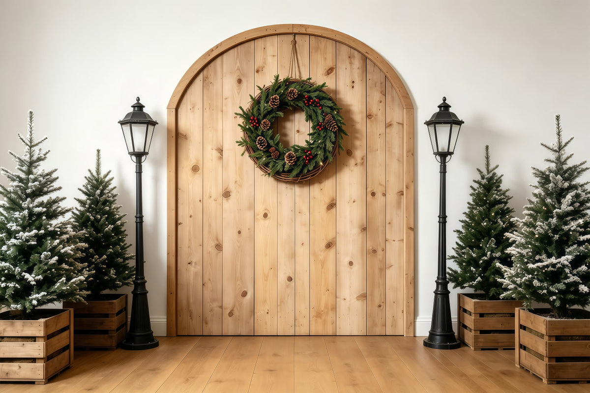 Einfacher Weihnachtshintergrund Rustikaler Bogenkranz-Eingang Musselin-Hintergrund Weihnachten GQ68-75