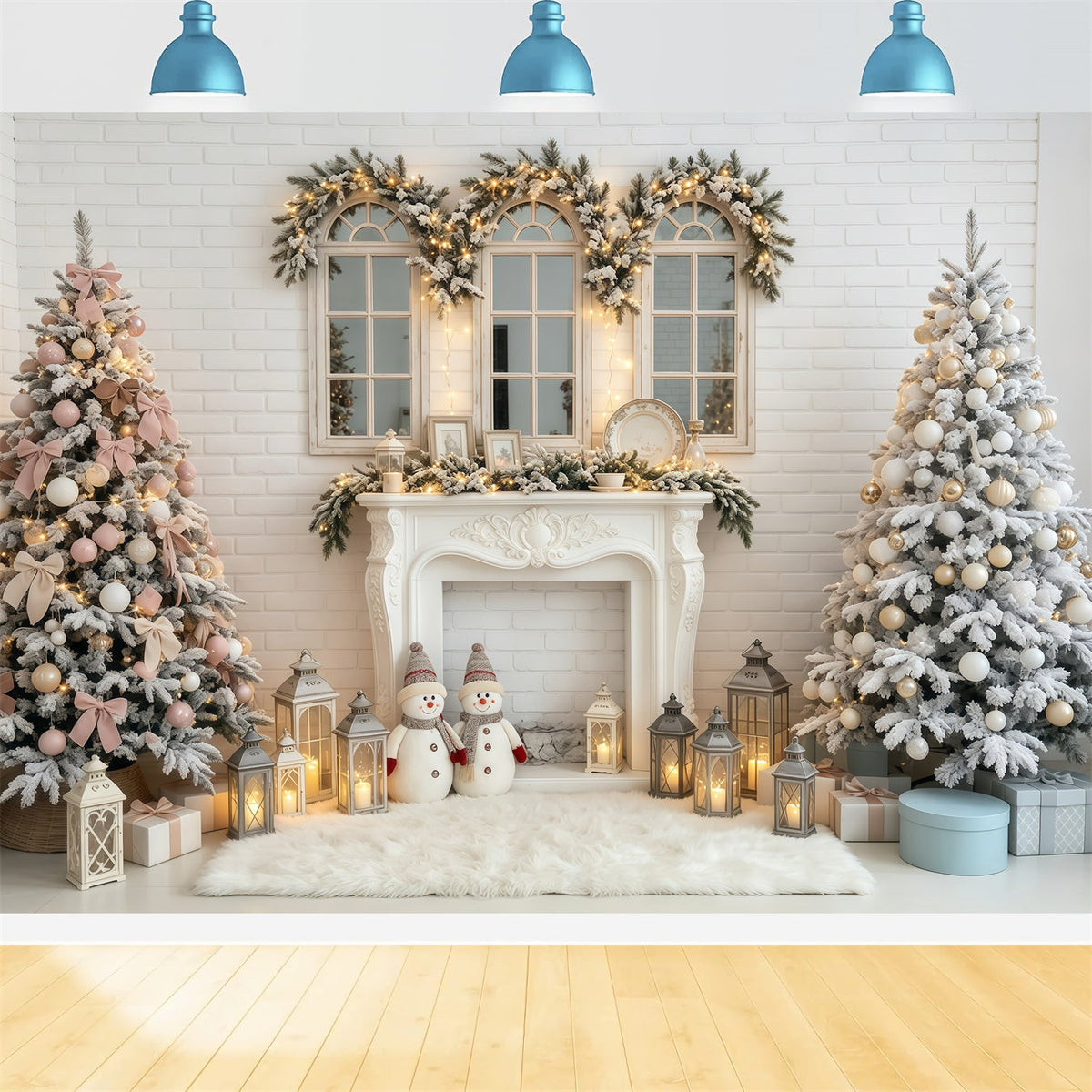 Weihnachtskulisse Kaminlaternen Aus Weißen Ziegeln Weihnachts-Fotohintergründe GQ68-81