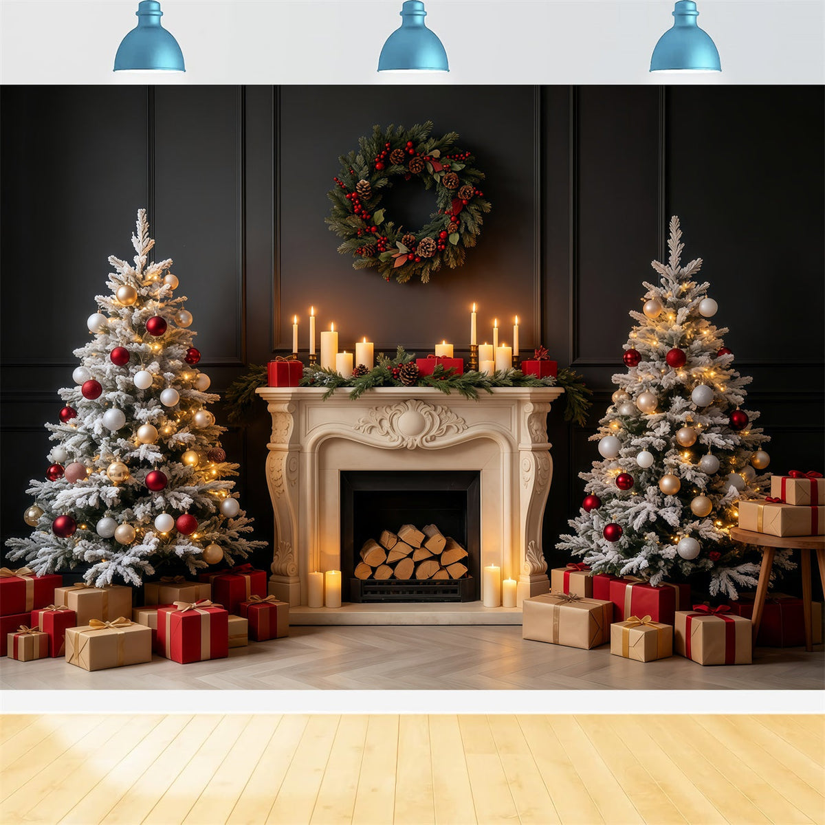 Vintage-Weihnachtskulisse Dunkles Kaminfeuer Professionelle Weihnachtskulissen GQ68-84