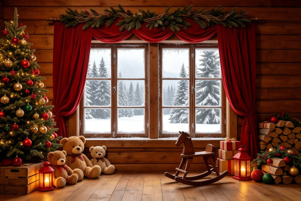 Weihnachtshütten-Kulisse Rustikale Fenster-Teddy-Ausstellung Weihnachts-Fotohintergründe GQ68-89