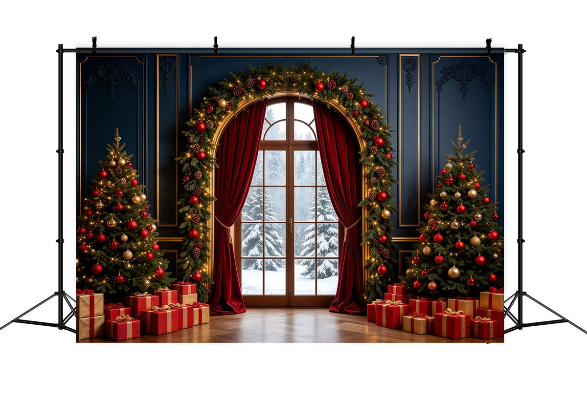 Weihnachts-Wohnzimmer-Hintergrund Elegante Bogenfensterdekoration Große Weihnachtskulisse GQ68-90