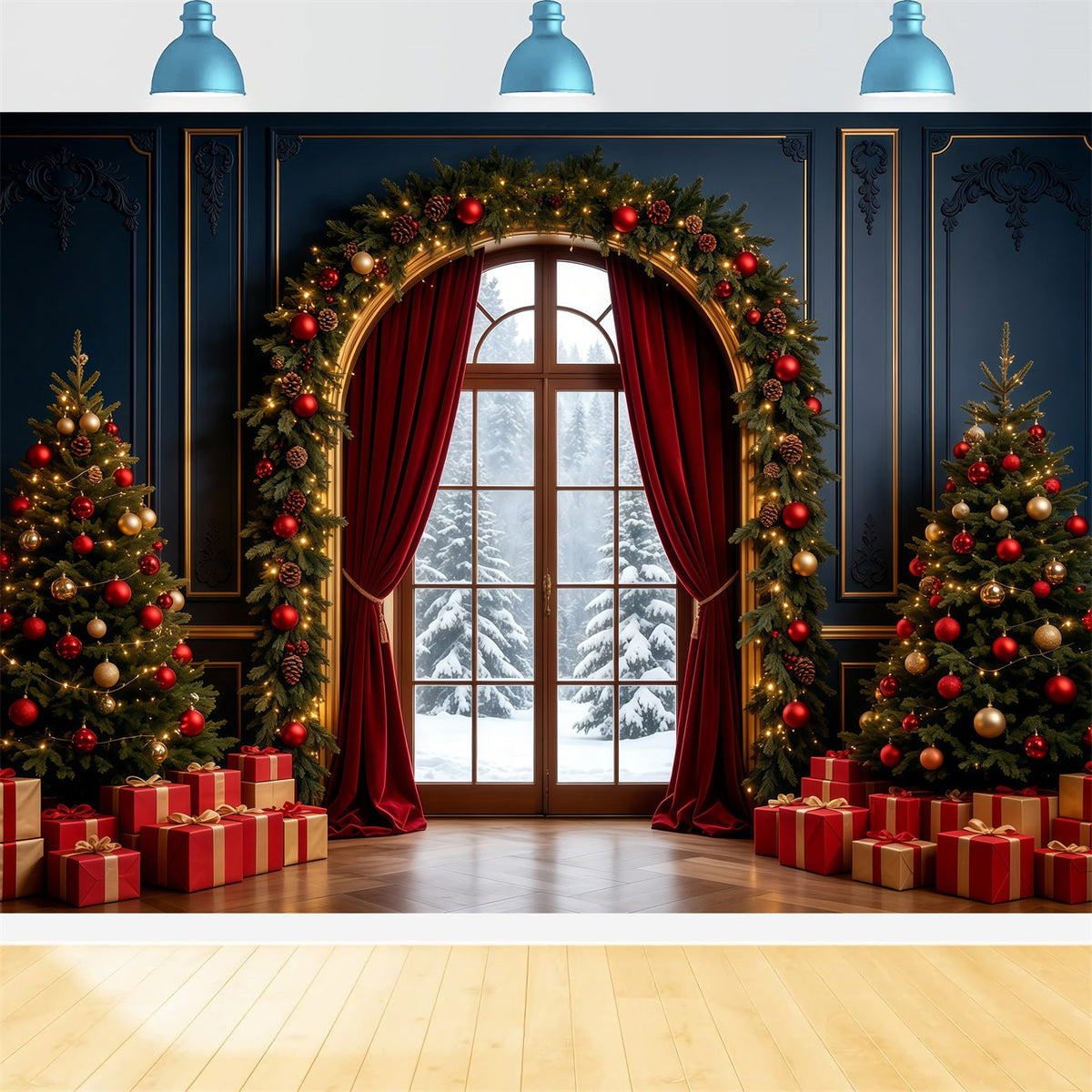 Weihnachts-Wohnzimmer-Hintergrund Elegante Bogenfensterdekoration Große Weihnachtskulisse GQ68-90
