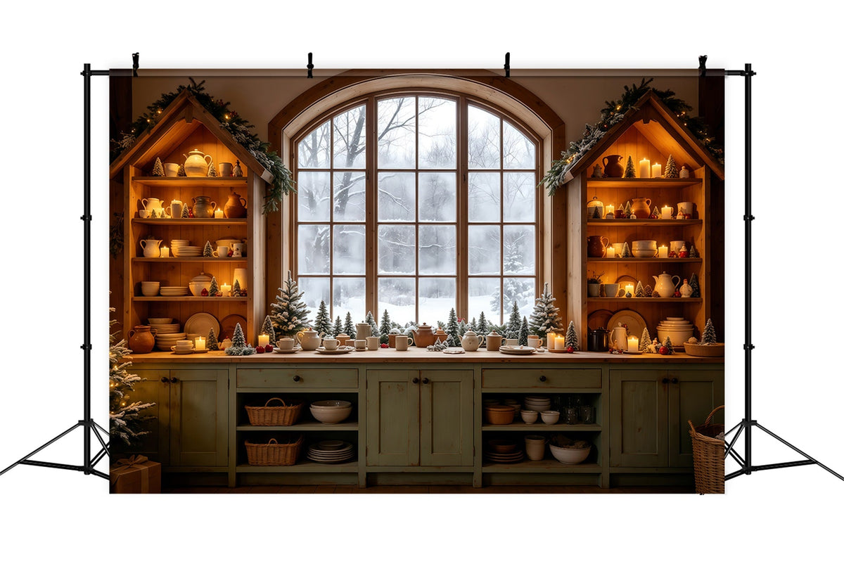 Weihnachtsküchen-Hintergrund Gemütliche Küche Verschneites Fenster Weihnachts-Wandhintergründe GQ68-95