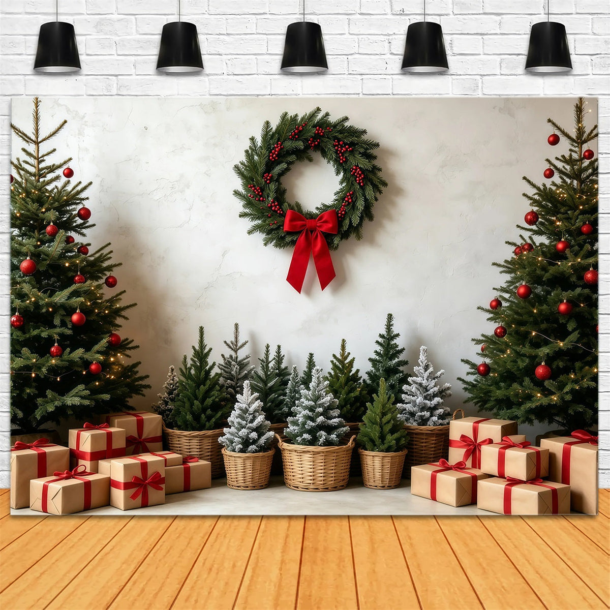 Weihnachtsbaum-Hintergrund Rustikaler Kranz Als Geschenkständer Studiohintergründe Weihnachten GQ68-99