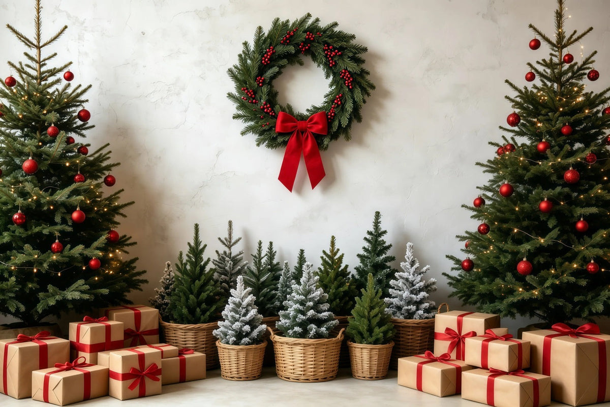 Weihnachtsbaum-Hintergrund Rustikaler Kranz Als Geschenkständer Studiohintergründe Weihnachten GQ68-99