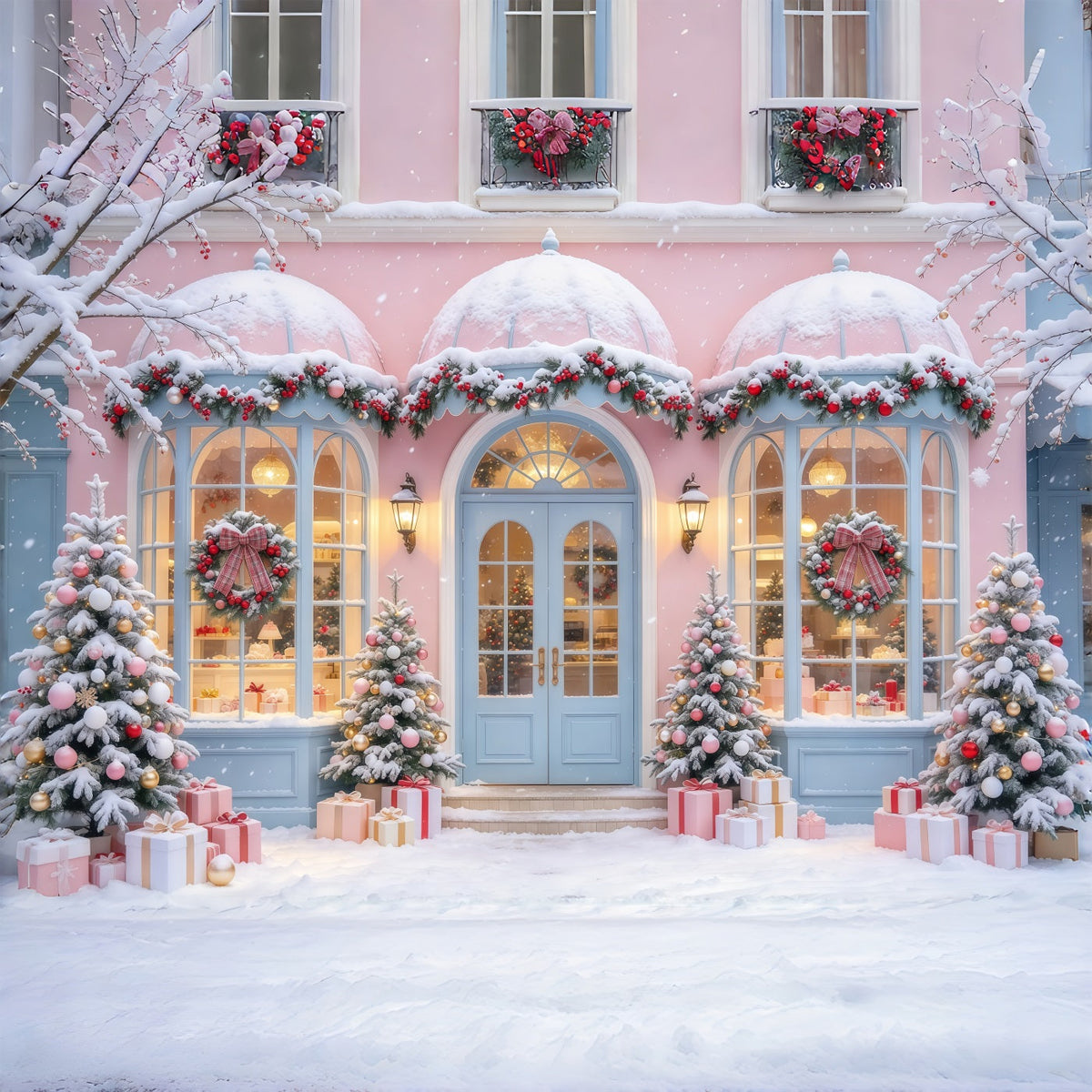Weihnachtlicher Familienhintergrund Pastellrosa Verschneites Schaufenster GQ69-102