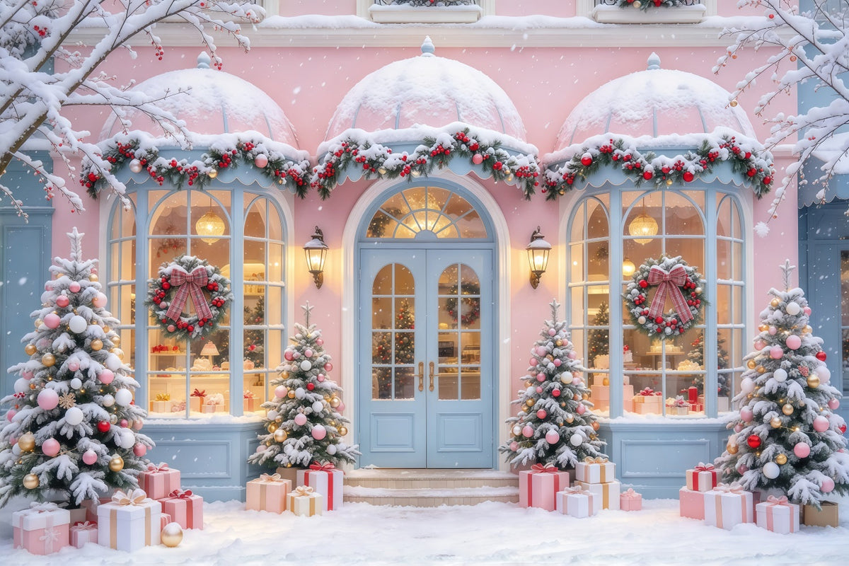 Weihnachtlicher Familienhintergrund Pastellrosa Verschneites Schaufenster GQ69-102