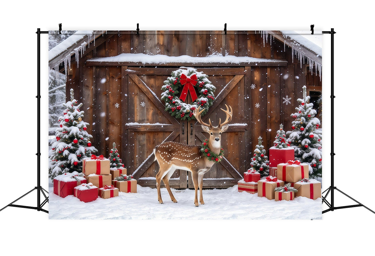 Ländlicher Weihnachtsfotohintergrund Verschneite Rentiere Scheune GQ69-111