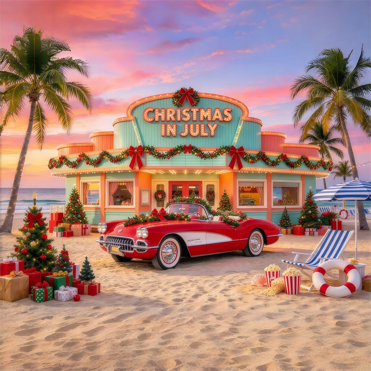 Weihnachten Im Juli Fotohintergrund Tropisches Urlaubsauto Weihnachtsbaum Hochzeit GQ69-117