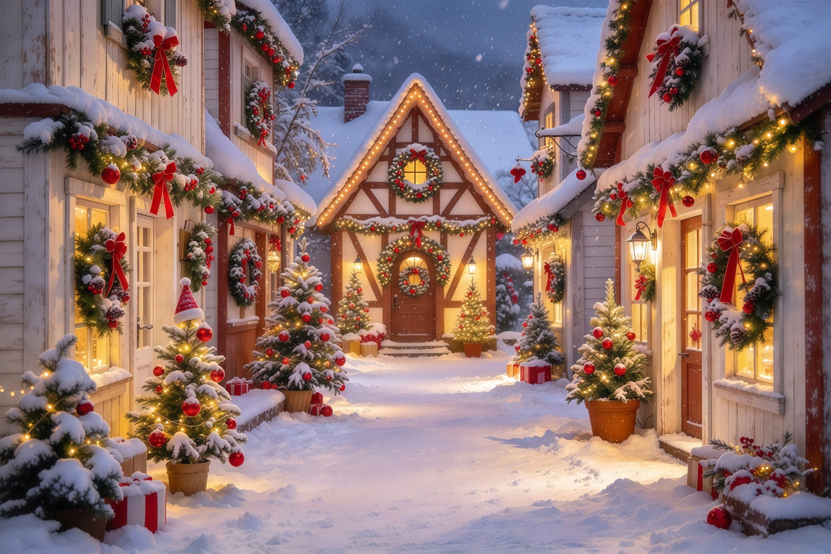 Weihnachtlicher Hintergrund Verschneite Girlanden Dorfstraße GQ69-118