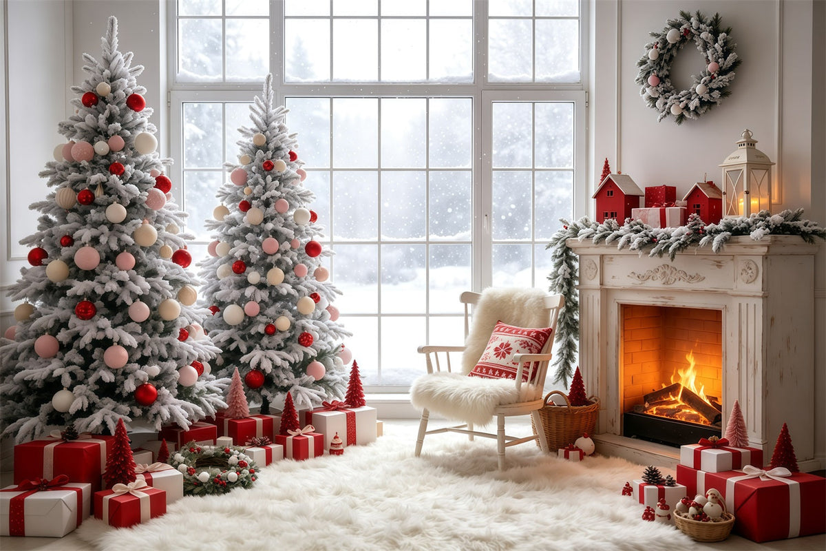 Weihnachtsfenster-Hintergrund Kaminzimmer Mit Rosa Baum Weihnachtswand-Hintergrund GQ69-12