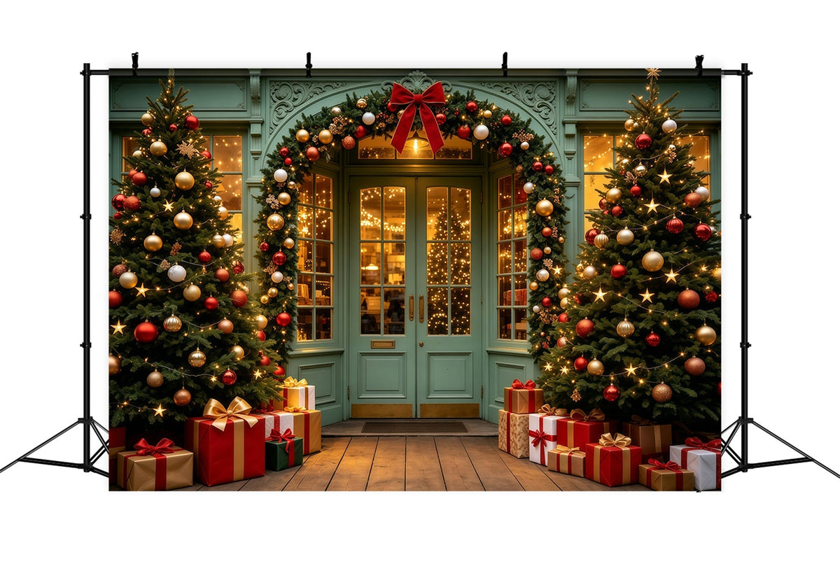 Weihnachtsladen-Hintergrund Grüner Türgirlandeneingang Weihnachtshintergrund Aus Musselin GQ69-13