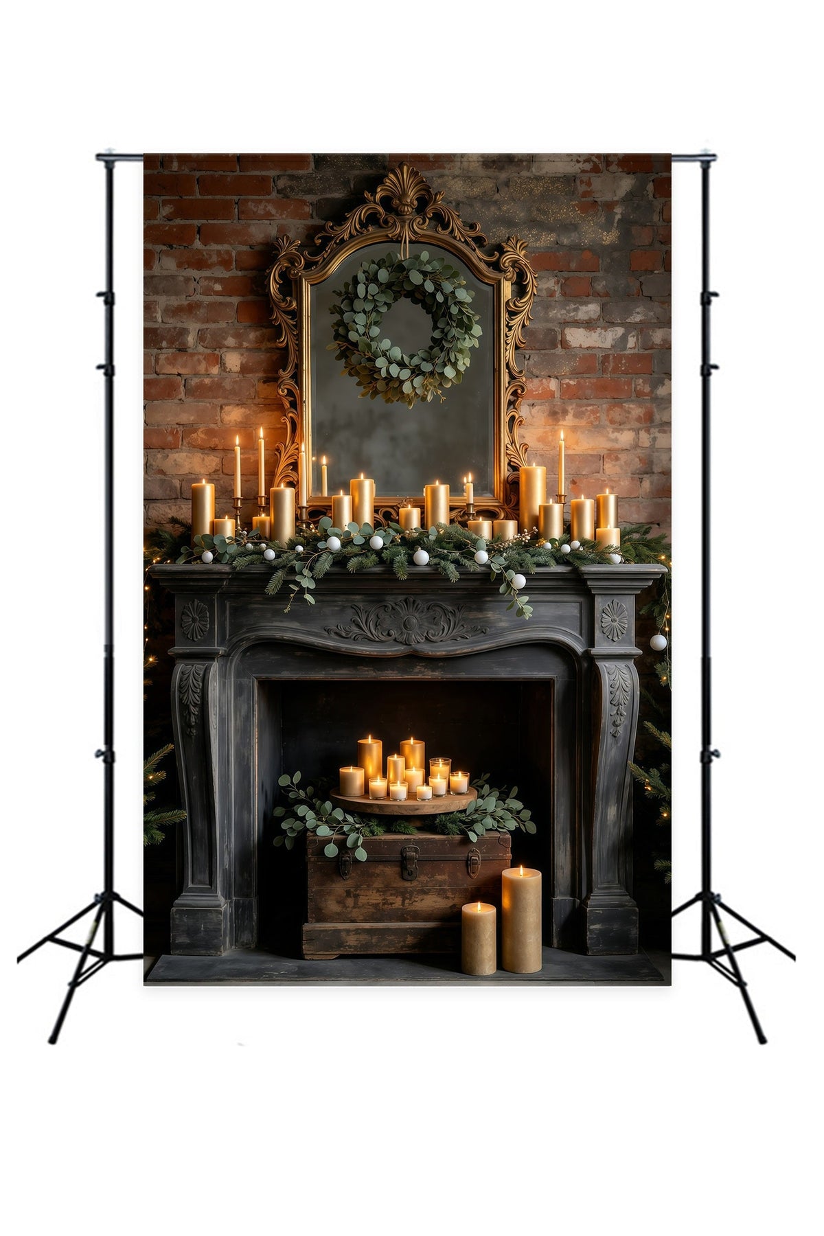 Weihnachtskamin-Hintergrund Vintage-Kerzenkamin Aus Spiegel Weihnachtsfotohintergrund GQ69-21