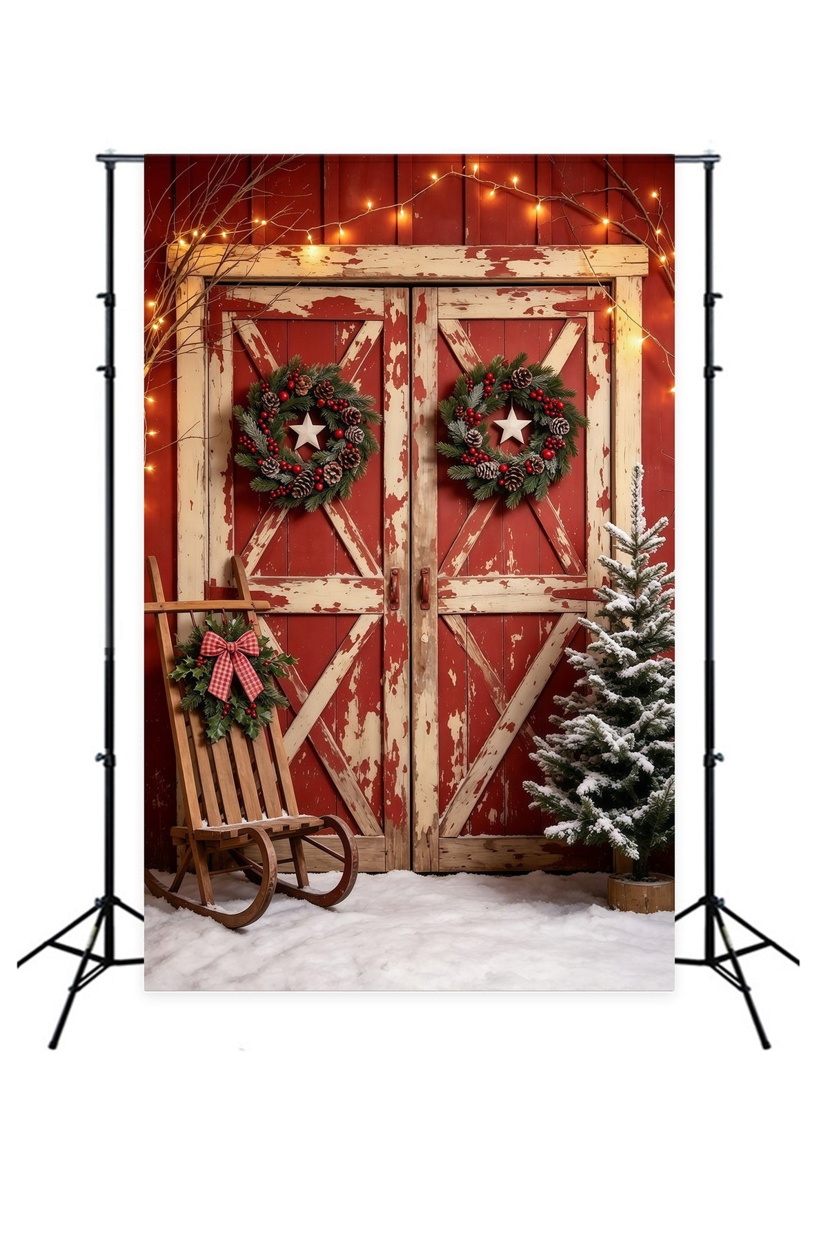 Weihnachtstür-Hintergrund Schneebedeckte, Rustikale Rote Scheune Weihnachts-Fotohintergründe GQ69-22