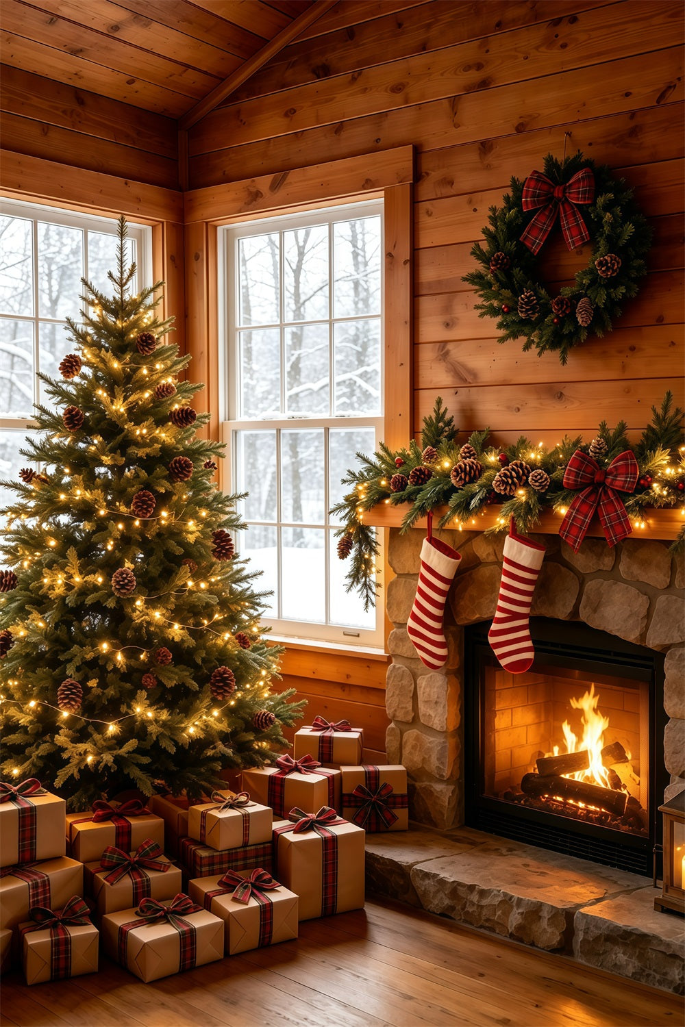 Rustikale Weihnachtskulisse Gemütlicher Hüttenkaminbaum Weihnachtshintergrund GQ69-23