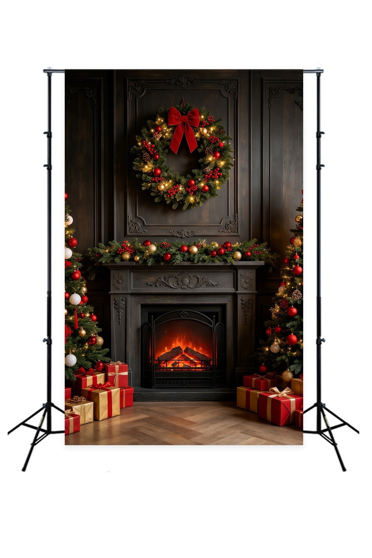 Dunkler Weihnachtshintergrund Vintage Kaminkranz-Kaminsims Weihnachts-Fotografie-Hintergründe GQ69-26