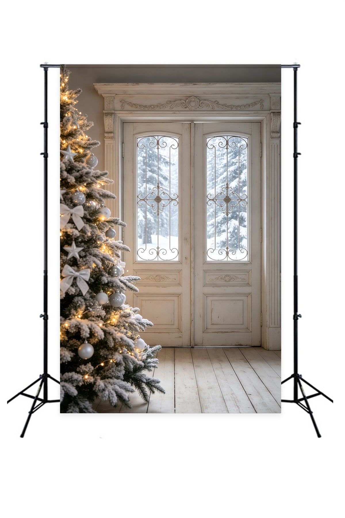 Weihnachtszimmer-Hintergrund Eleganter Schneebedeckter Türrahmen Große Weihnachtskulissen GQ69-28