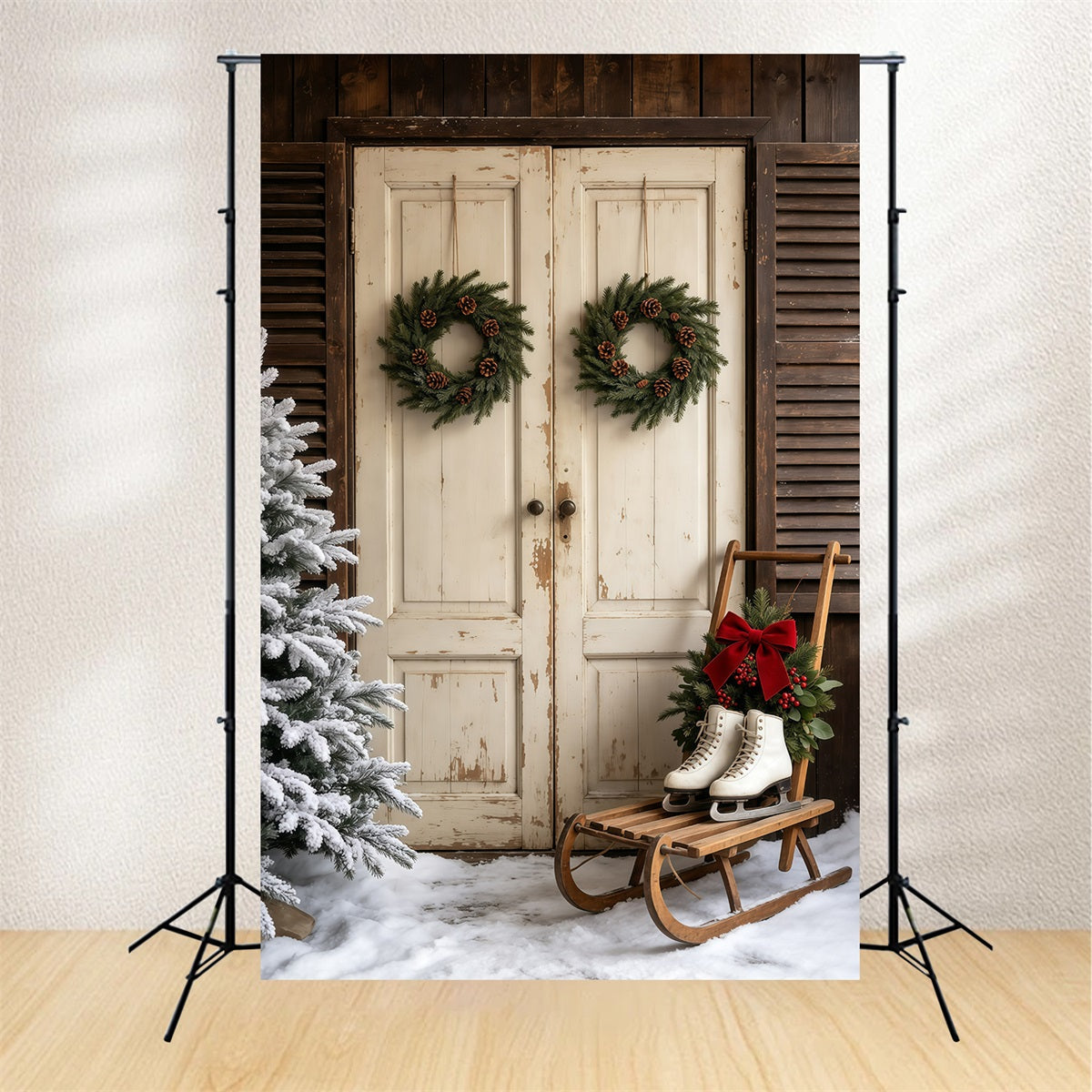 Weihnachtskulisse Mit Scheunentor Rustikaler Weißer Türkranz Weihnachtshintergründe GQ69-32
