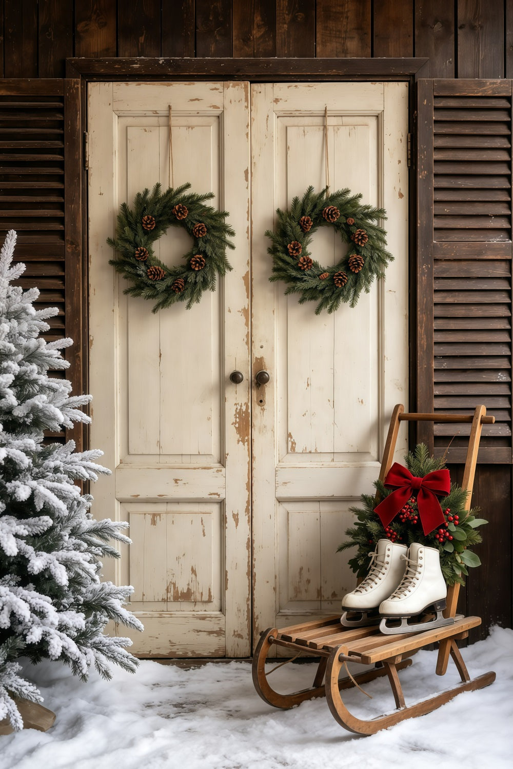 Weihnachtskulisse Mit Scheunentor Rustikaler Weißer Türkranz Weihnachtshintergründe GQ69-32