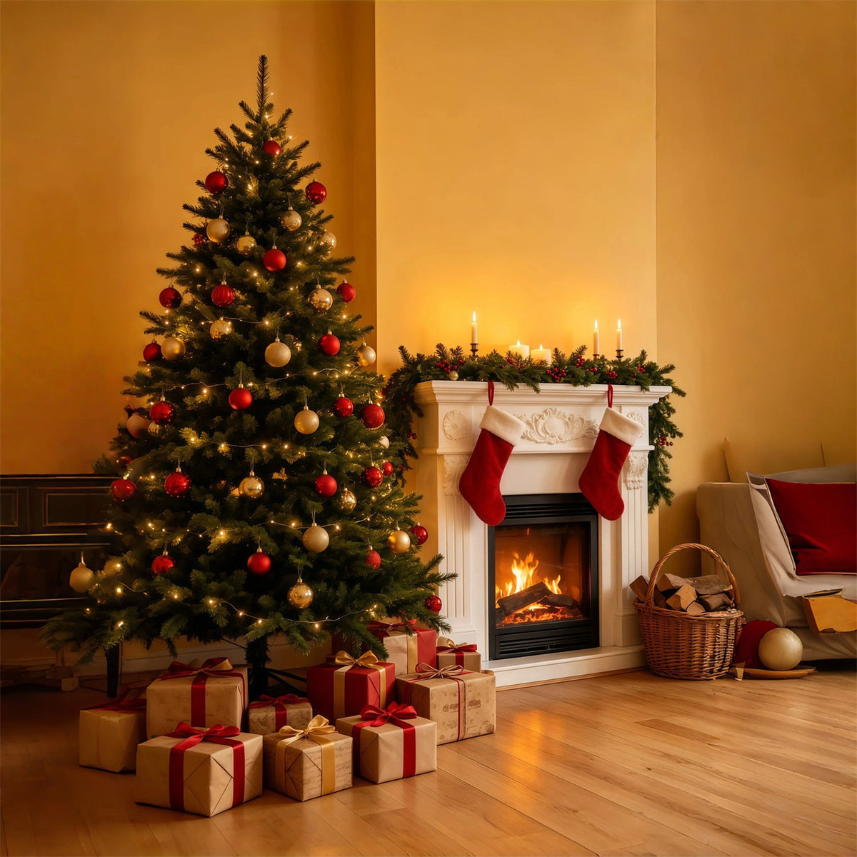 Gemütliche Weihnachtskulisse Goldener Kamin Baum Ecke Weihnachts-Fotohintergründe GQ69-35