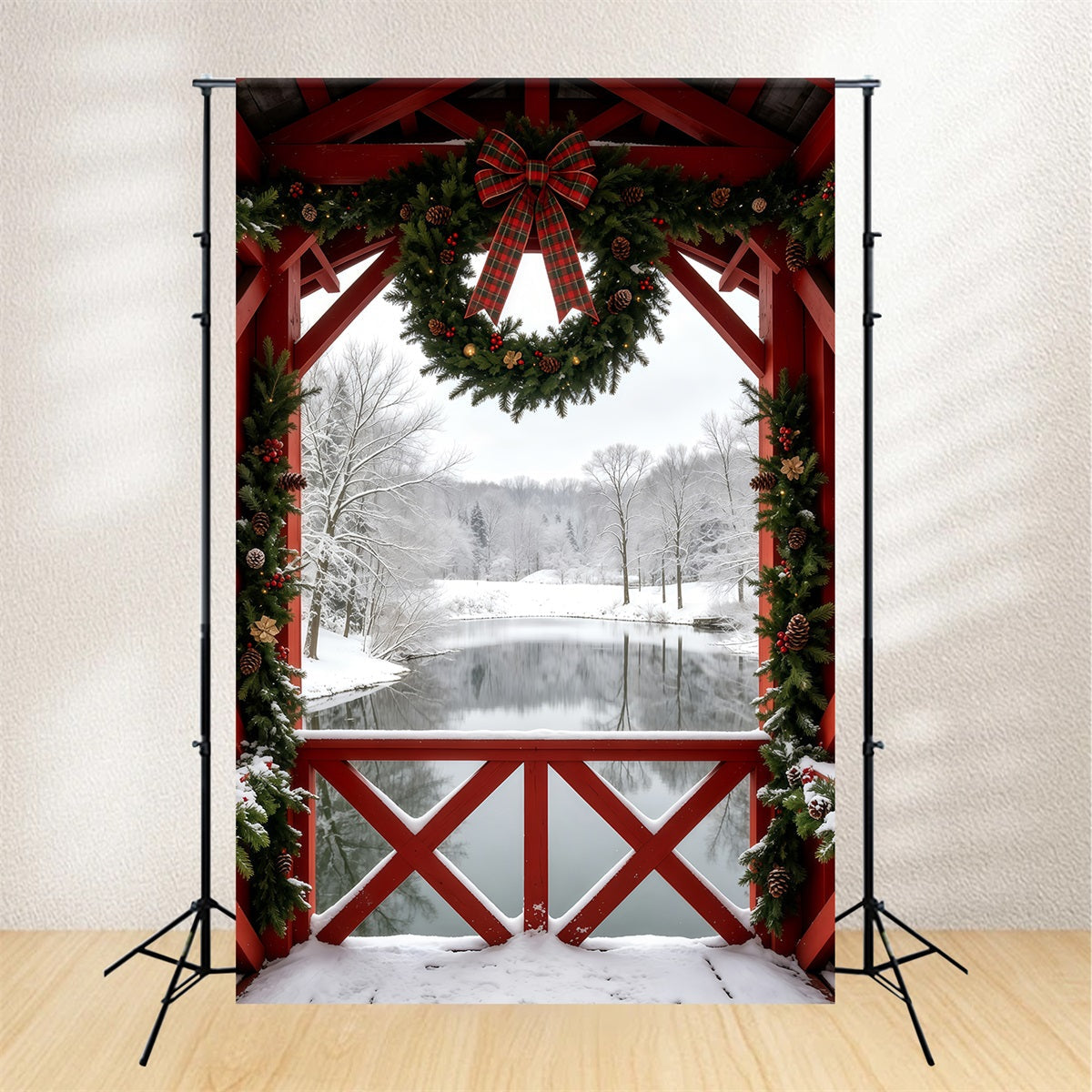 Winterliche Weihnachtskulisse Ansicht Des Verschneiten Scheunenkranzes Studiohintergründe Weihnachten GQ69-40