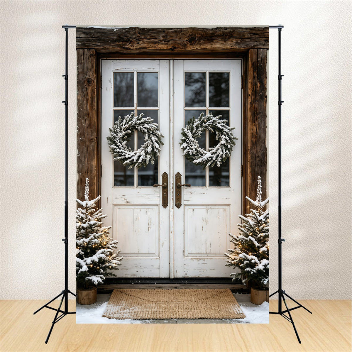 Weihnachtskulisse Im Freien Schneebedeckter Doppeltürkranz Studio-Weihnachtskulissen GQ69-45