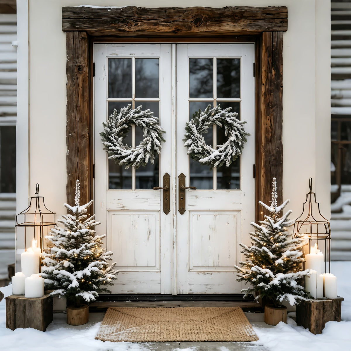 Weihnachtskulisse Im Freien Schneebedeckter Doppeltürkranz Studio-Weihnachtskulissen GQ69-45