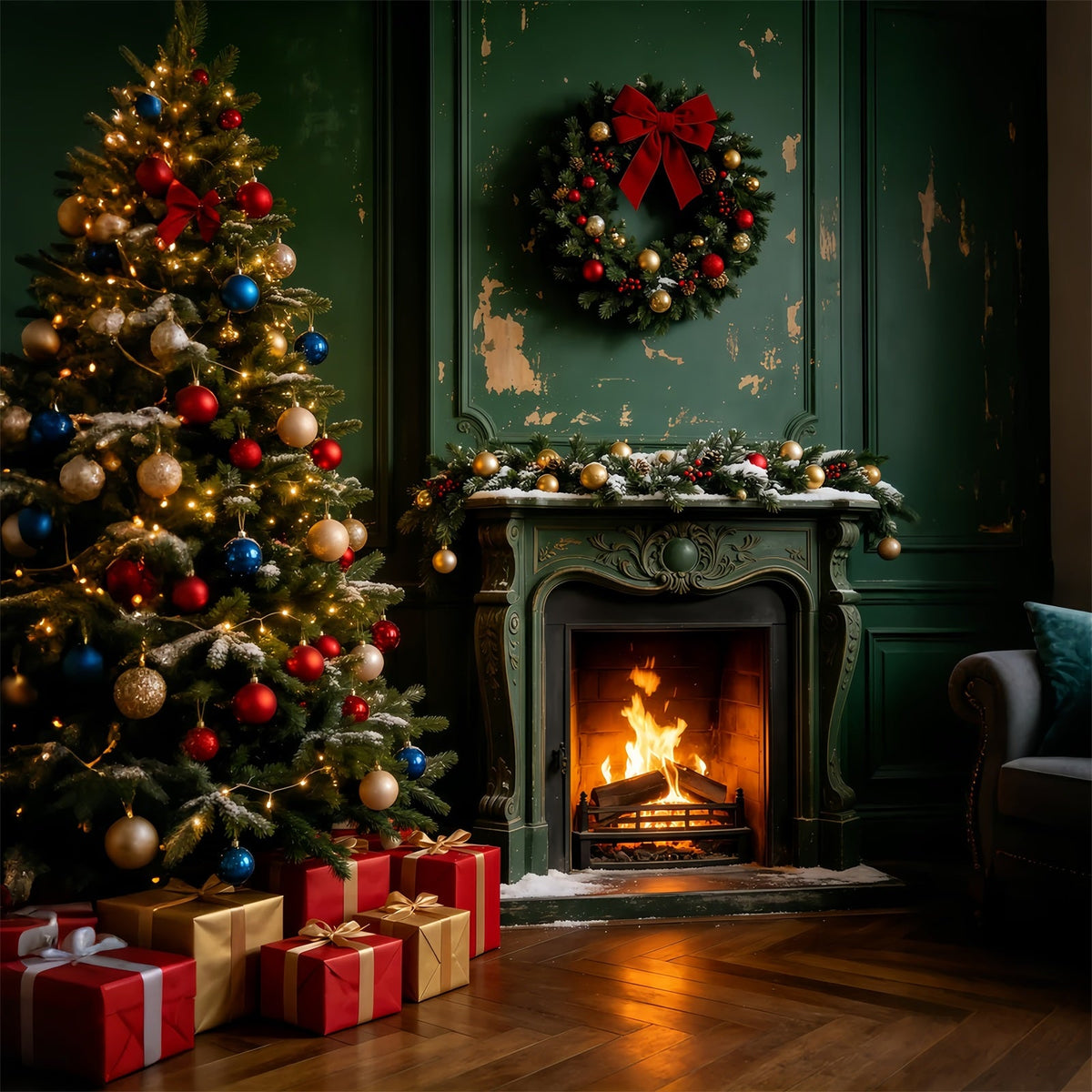 Vintage-Weihnachtskulisse Kaminzimmer Aus Grünem Holz Weihnachtswand-Hintergrund GQ69-46