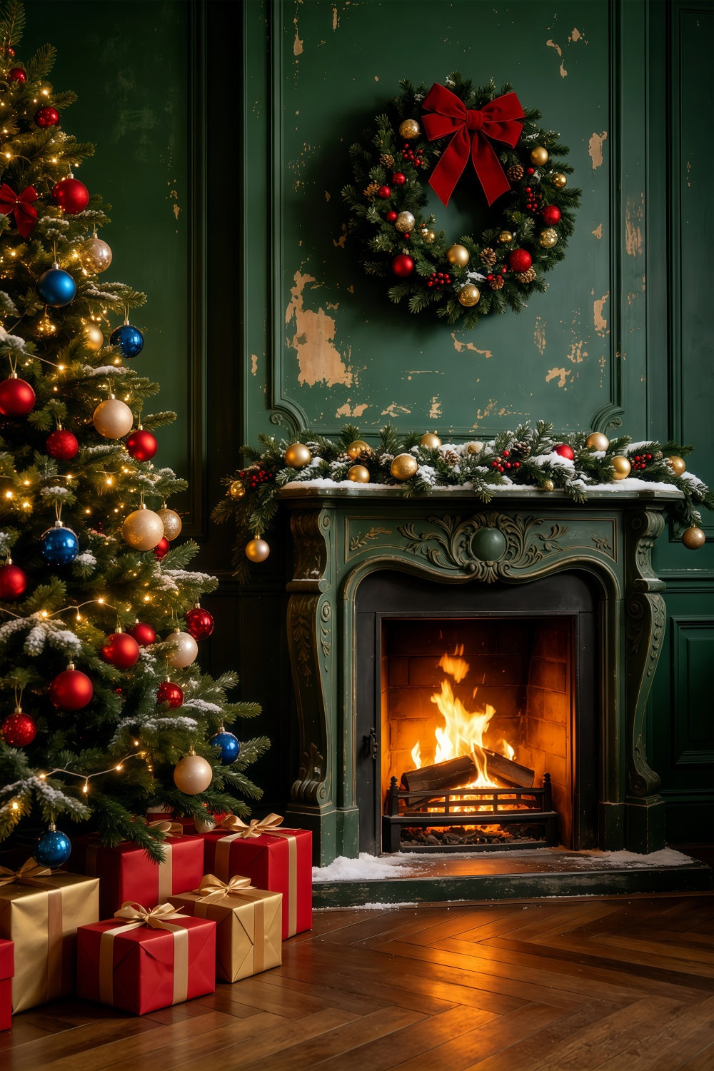 Vintage-Weihnachtskulisse Kaminzimmer Aus Grünem Holz Weihnachtswand-Hintergrund GQ69-46