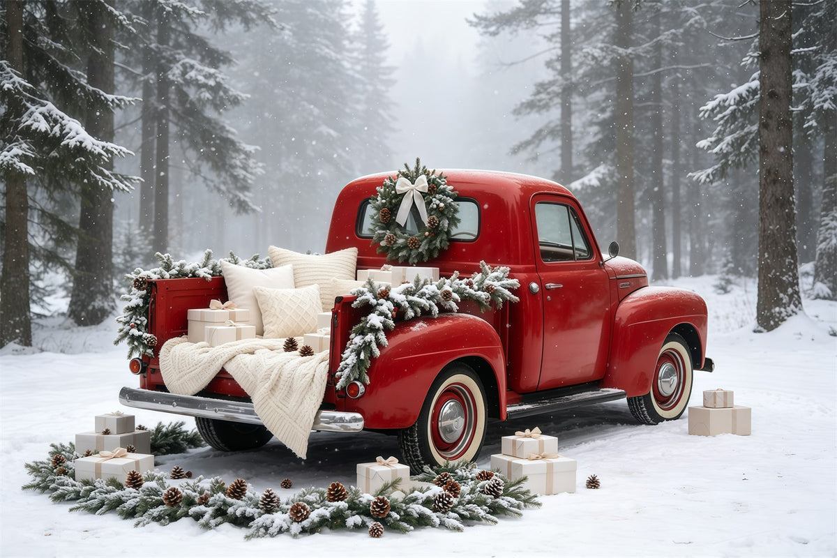 Weihnachtstruck-Hintergrund Vintage Red Car Forest Studio-Weihnachtskulisse GQ69-5