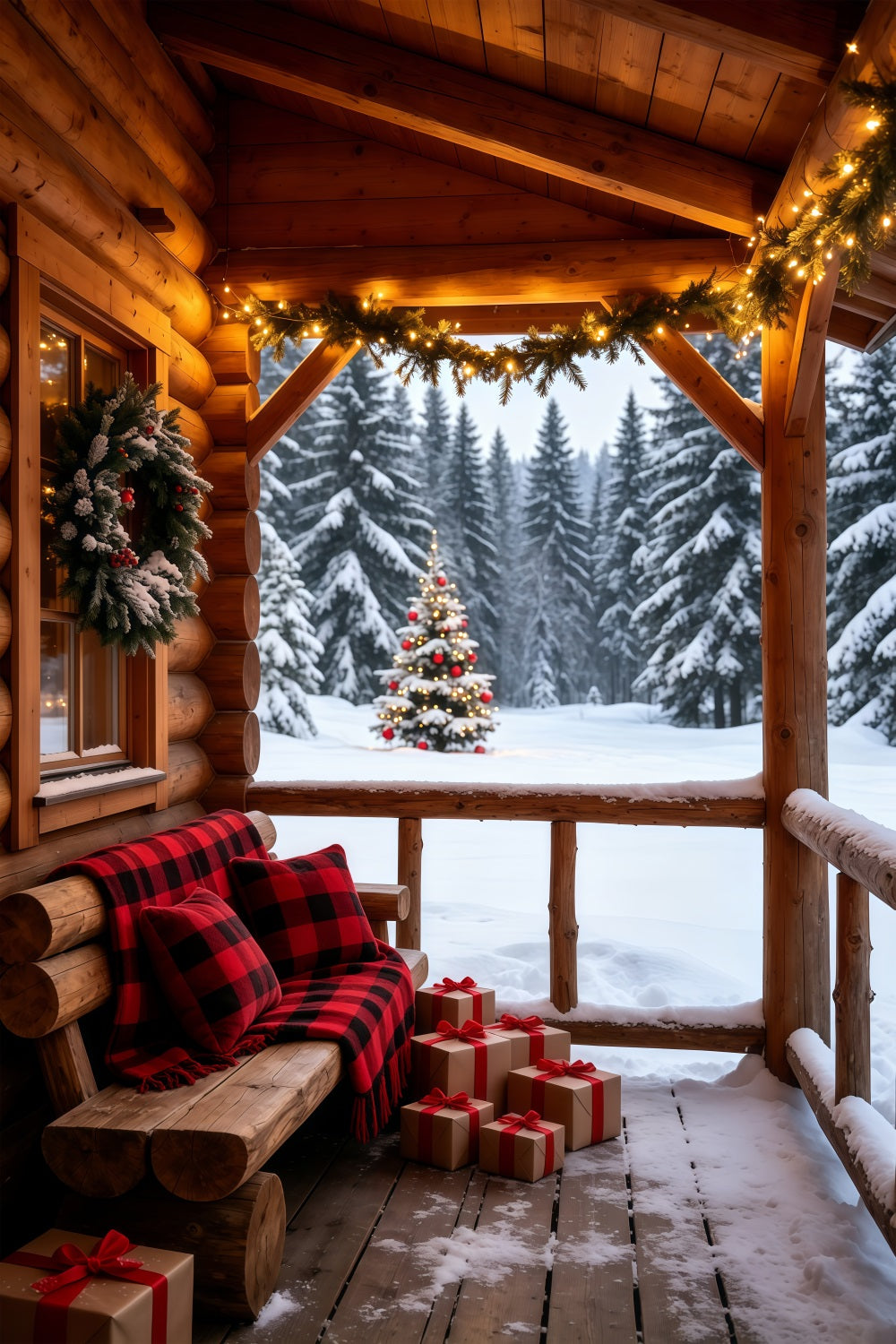 Ländliche Weihnachtskulisse Gemütliche Veranda Einer Hütte Mit Blick Auf Den Wald Weihnachtsfotohintergrund GQ69-58